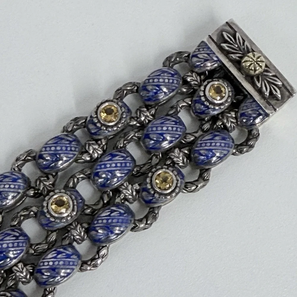 Ned Bowman Laurel Leaf Sterling Gold Blue Enamel Yellow Gemstone Bracelet 7 1/2